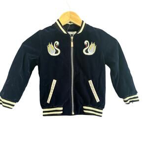DOE A DEAR | Blue and gold Velvet Swan Patch Varsity Bomber Jacket | Size 4